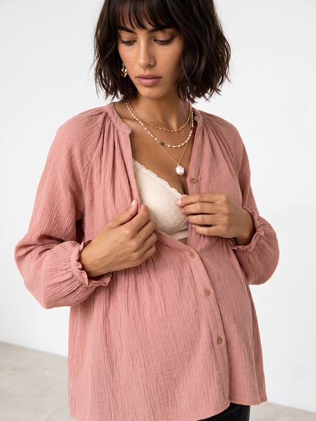 Blouse in Organic Cotton Gauze* for Maternity & Nursing dusky pink+sage green 