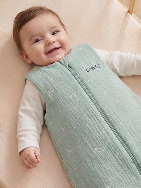 Sleeveless Cotton Muslin Travel Jumpsuit with Moon & Stars Print sage green 