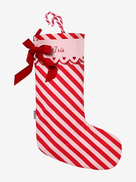 Striped Christmas stocking with scalloped trim red 