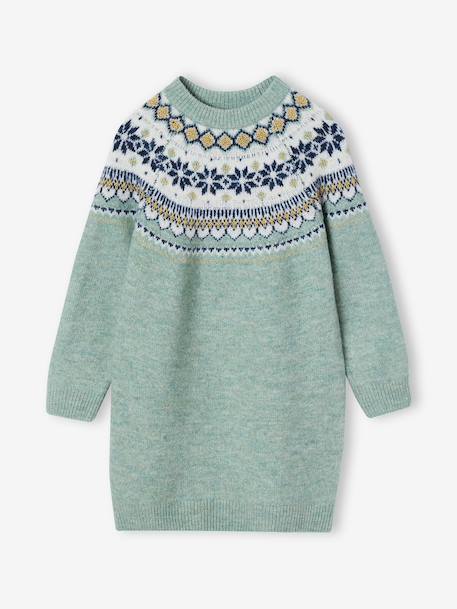 Jacquard knit dress with long sleeves for girls camel+rosy+sage green 