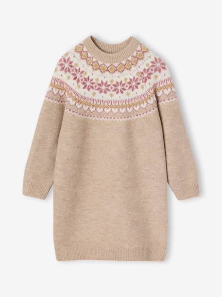Jacquard knit dress with long sleeves for girls camel+rosy+sage green 