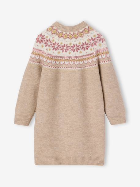 Jacquard knit dress with long sleeves for girls camel+rosy+sage green 