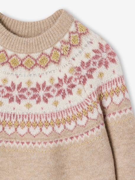 Jacquard knit dress with long sleeves for girls camel+rosy+sage green 