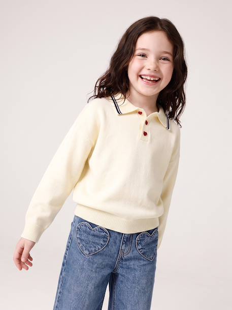 Long-sleeved polo jumper for girls ecru 