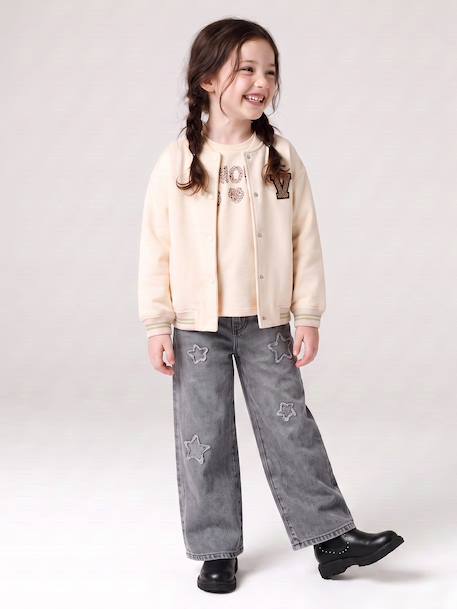 Varsity-Style Fleece Jacket for Girls beige+marl grey+navy blue 