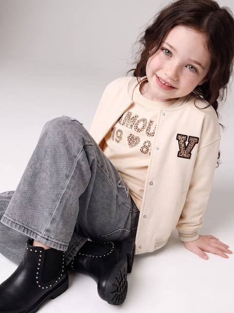 Varsity-Style Fleece Jacket for Girls beige+marl grey+navy blue 