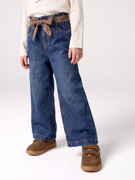 Wide-leg paperbag jeans for girls deep blue+medium blue 
