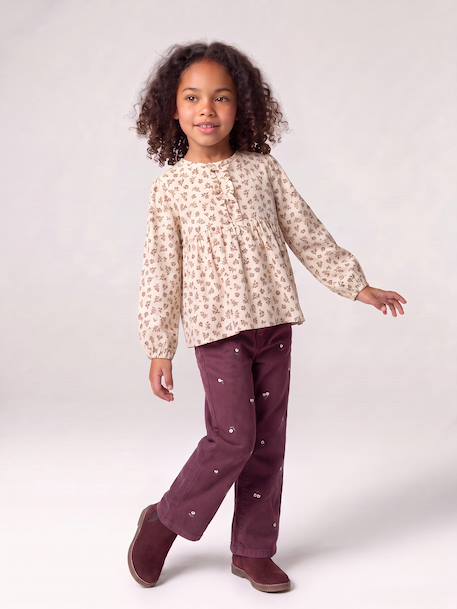 Embroidered girl's mom fit trouser grey green+plum+rosy 
