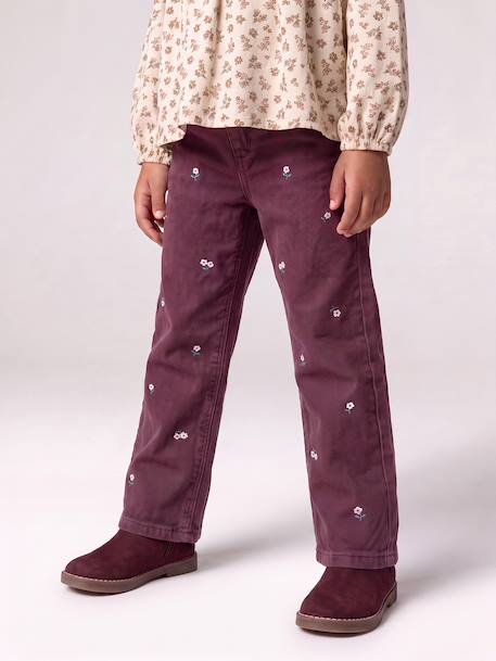 Embroidered girl's mom fit trouser grey green+plum+rosy 