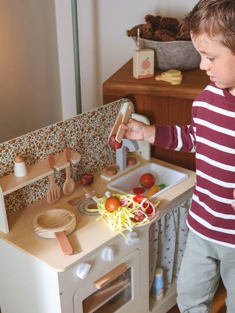 Wooden kitchen with FSC100® wooden accessories ecru+rose+sage green 