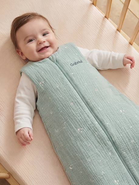 Sleeveless Cotton Muslin Travel Jumpsuit with Moon & Stars Print sage green 
