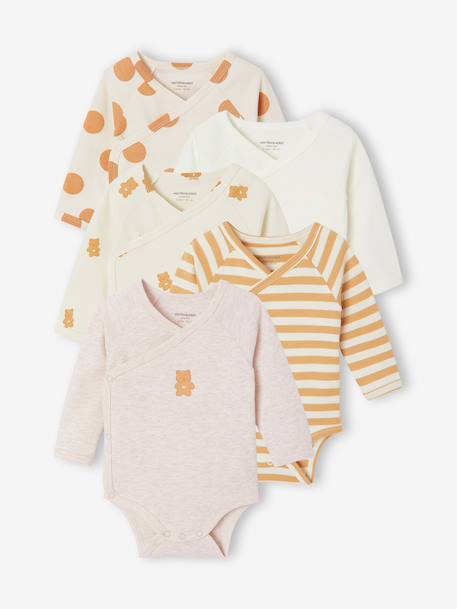 Pack of 5 long-sleeved bodysuits for newborns beige 