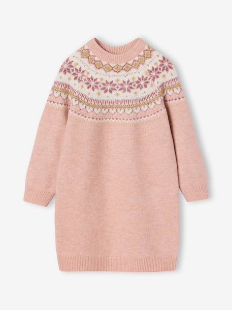 Jacquard knit dress with long sleeves for girls camel+rosy+sage green 