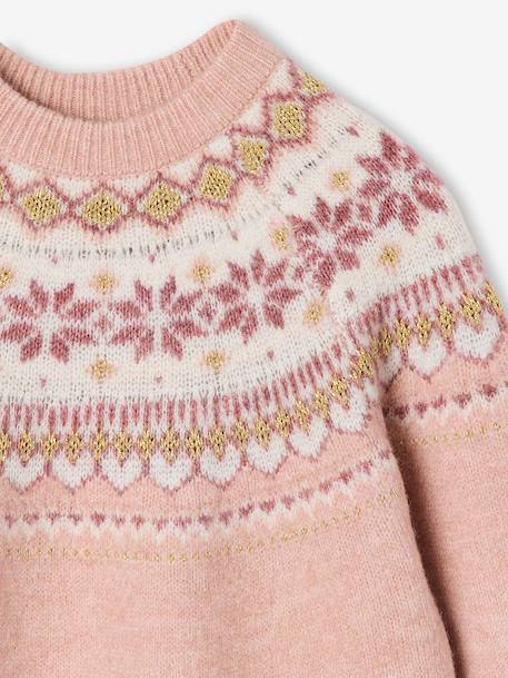 Jacquard knit dress with long sleeves for girls camel+rosy+sage green 