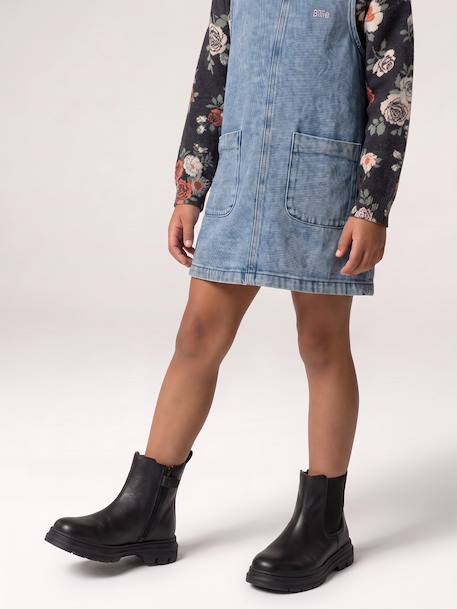 Girls' elasticated and zipped leather boots black+camel 
