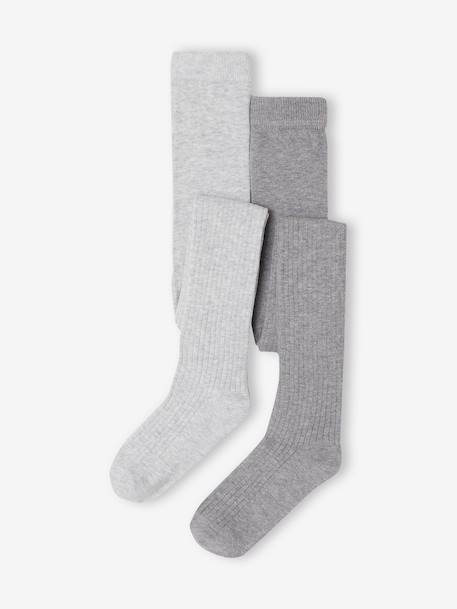 Pack of 2 Pairs of Rib Knit Tights for Girls marl grey+night blue 