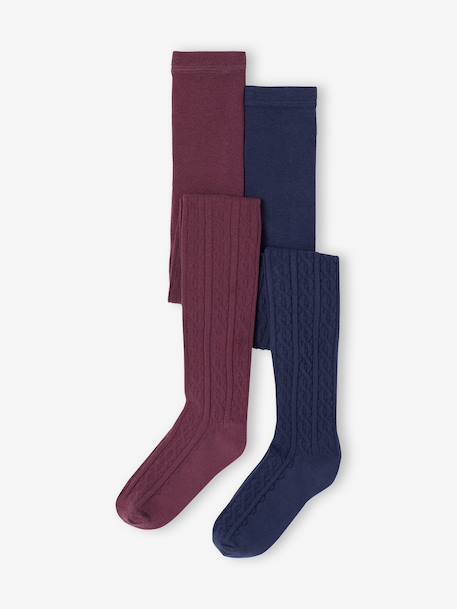Pack of 2 Pairs of Fancy Knit Tights for Girls navy blue+plum 