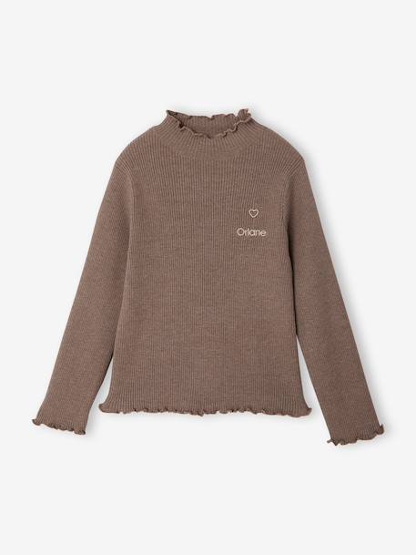 Knitted roll-neck top for girls plum+taupe 