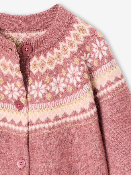 Fancy Jacquard Knit Cardigan in Shimmery Yarn for Girls ecru+mauve 