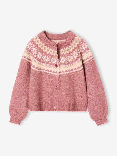 Fancy Jacquard Knit Cardigan in Shimmery Yarn for Girls ecru+mauve 
