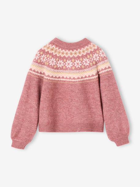 Fancy Jacquard Knit Cardigan in Shimmery Yarn for Girls ecru+mauve 