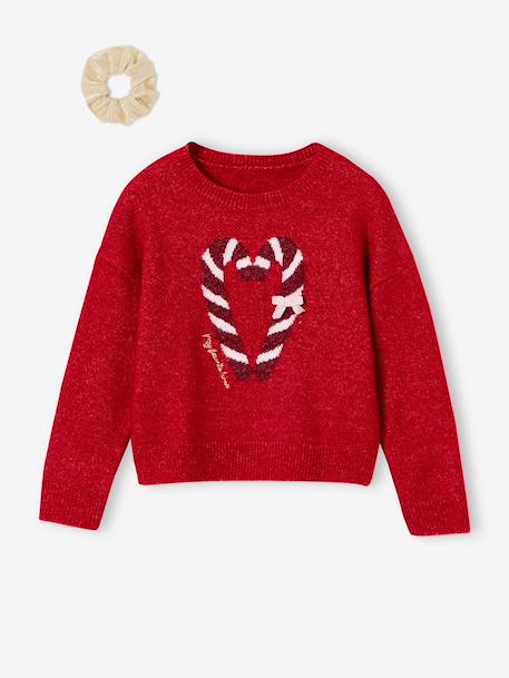 Christmas Gift Box with Jacquard Knit Reindeer Jumper + 2 Scrunchies for Girls ecru+pale pink+red 