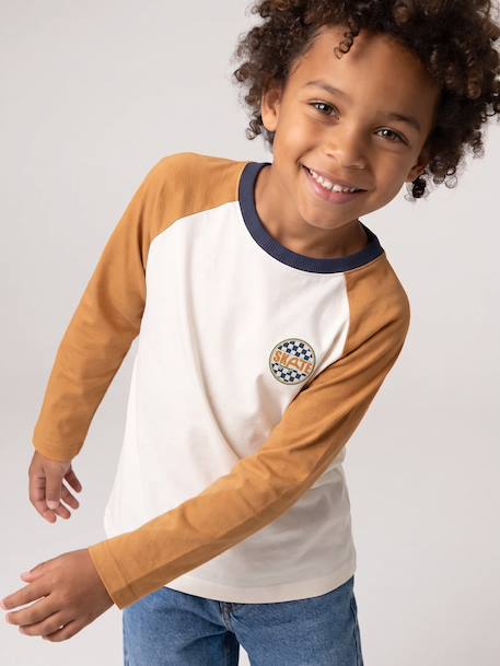 Long-sleeved T-shirt for boys bordeaux red+ochre+sage green 