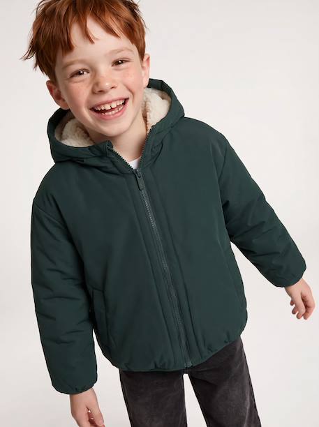Reversible hooded jacket for boys fir green+grey blue 