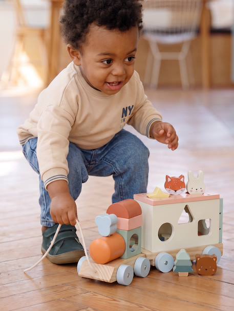 FSC100® Happy Forest wooden pull-along activity train ecru 