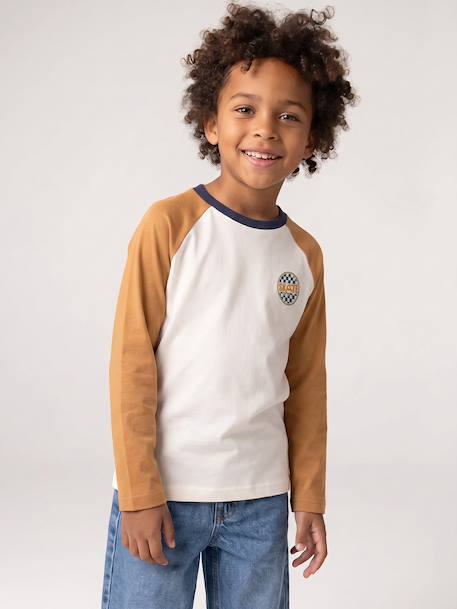 Long-sleeved T-shirt for boys bordeaux red+ochre+sage green 