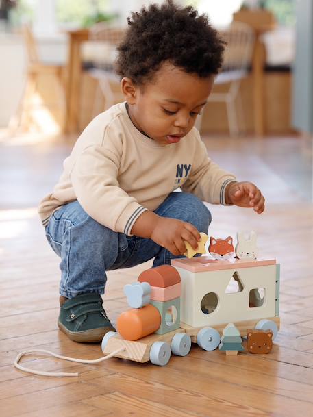 FSC100® Happy Forest wooden pull-along activity train ecru 