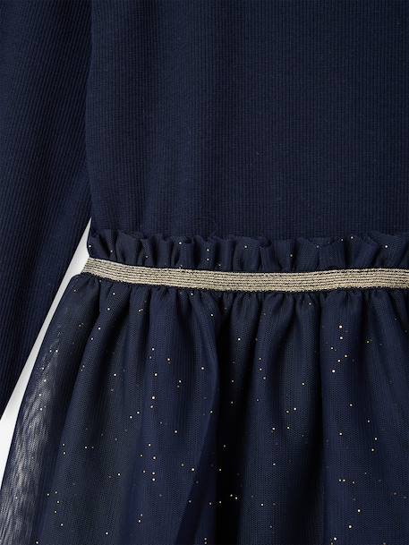 Dual Fabric Christmas Special Dress with Tulle Skirt for Girls ecru+navy blue 