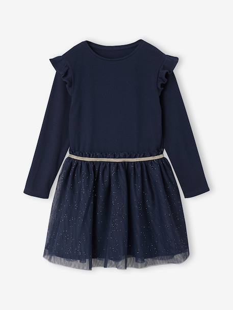 Dual Fabric Christmas Special Dress with Tulle Skirt for Girls ecru+navy blue 