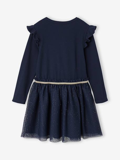 Dual Fabric Christmas Special Dress with Tulle Skirt for Girls ecru+navy blue 