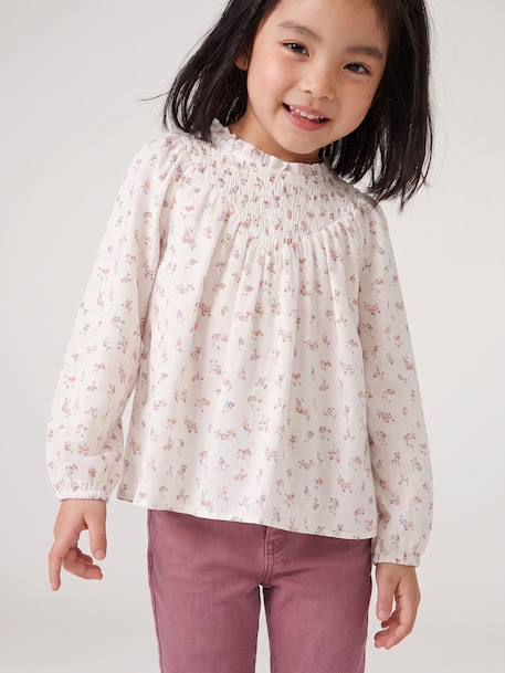 Girl's blouse with smocked sleeves ivory+sage green+vanilla 