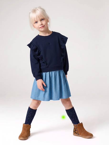 Long-sleeved dress for girls ecru+navy blue 