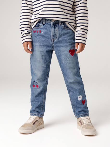 Girls' embroidered floral Mom jeans blue+light blue+medium blue 