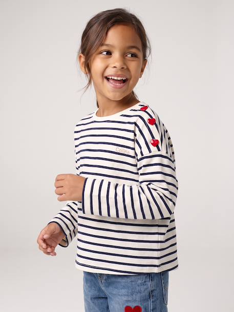 Striped long-sleeved T-shirt for girls mauve+navy blue+sweet pink 