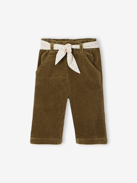 Wide Trousers in Corduroy with Flowers Belt for Babies beige+old rose+olive 
