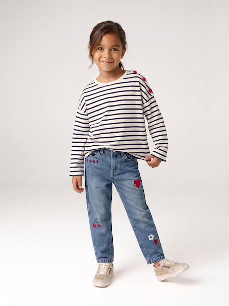 Striped long-sleeved T-shirt for girls mauve+navy blue+sweet pink 