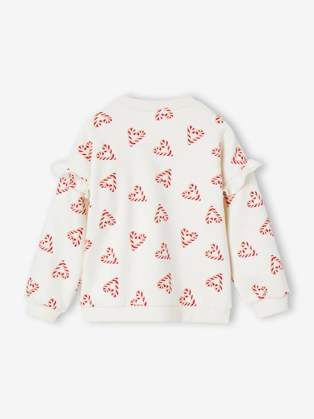 Christmas Special Sweatshirt with Candy Cane Glittery Hearts & Ruffled Sleeves for Girls ecru+rosy 