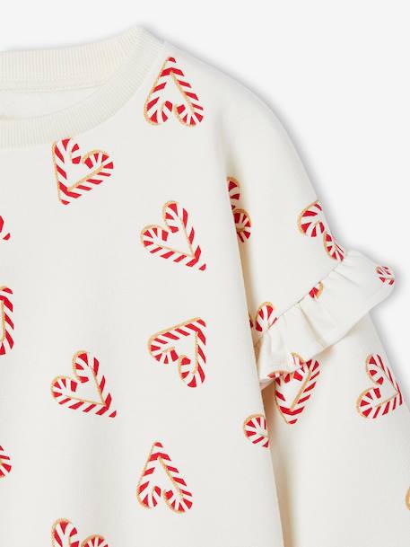 Christmas Special Sweatshirt with Candy Cane Glittery Hearts & Ruffled Sleeves for Girls ecru+rosy 
