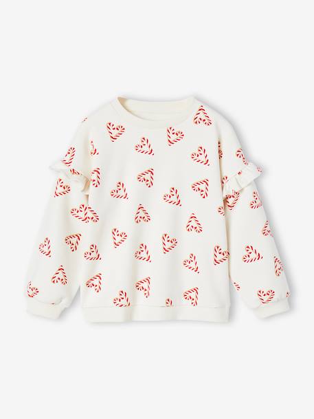 Christmas Special Sweatshirt with Candy Cane Glittery Hearts & Ruffled Sleeves for Girls ecru+rosy 