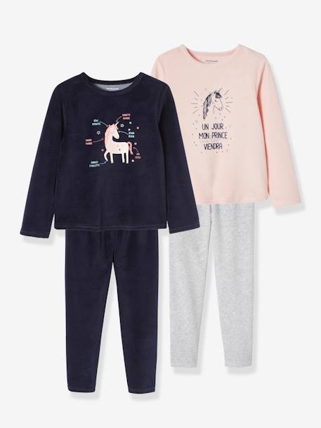 Pack of 2 'Unicorn' Velour Pyjamas for Girls Light Pink 