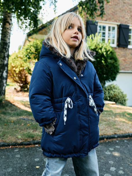 Reversible parka for girls khaki+navy blue 