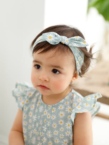 Jumpsuit + Headband Set, for Baby Girls Green/Print+pale pink+rosy 