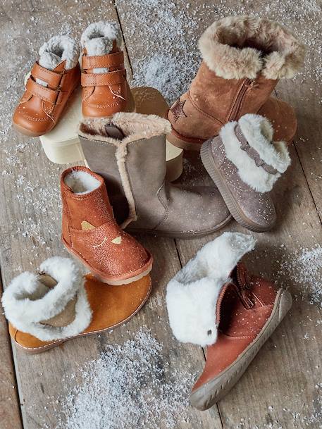 Furry Leather Boots for Baby Girls Beige 