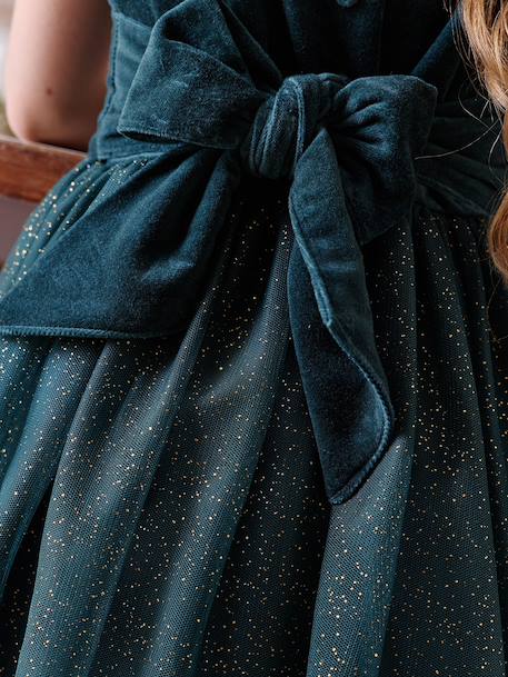Christmas Special Dress in Velour & Sparkling Tulle for Girls - emerald green, Girls