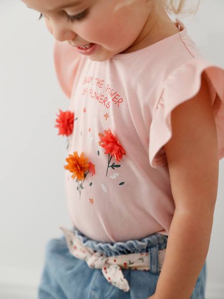 T-Shirt with Flowers in Relief, for Babies Light Pink+vanilla 