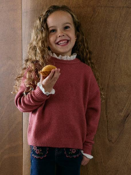 High-neck jumper for girls camel+old rose 